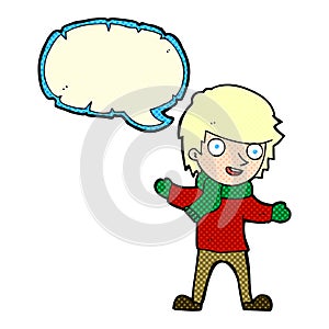 cartoon boy in winter clothes with speech bubble