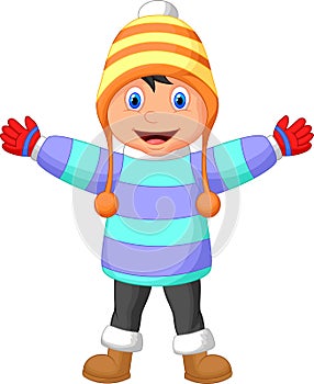 Cartoon a boy in Winter clothes waving hand