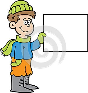 Cartoon boy in Winter clothing holding a sign