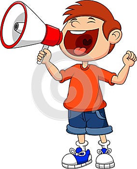 Cartoon boy yelling and shouting into a megaphone photo