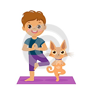 Cartoon Boy In Yoga Pose With Cute Cat. Kids Practicing Yoga Icon.