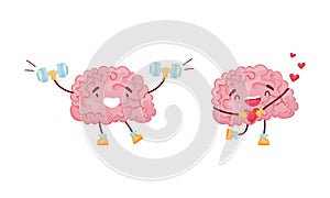 Cartoon Brain Character Lifting Dumbbell and Holding Heart Vector Set