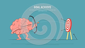 Cartoon brain character shoots or aiming at the target. Business concept goal achieve. Vector illustration in flat style