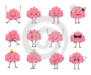 Cartoon brain emoji, emotion brainy vector set. Brainstorming set character in different emotions
