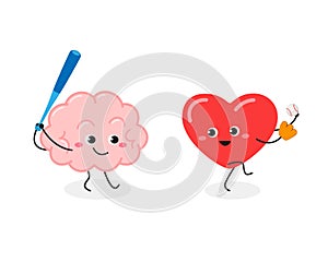 Cartoon brain and heart playing baseball game