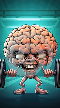 Cartoon Brain Lifting Barbell, Demonstrating Brain Power and Strength. Generative AI.