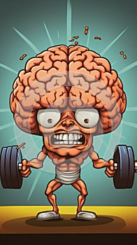 Cartoon Brain Lifting Barbell - Inspirational Fitness and Mental Strength. Generative AI.
