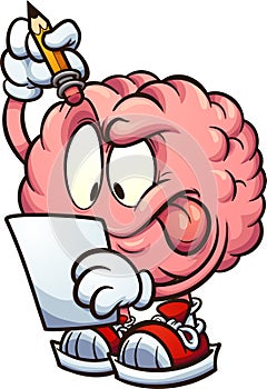 Cartoon brain looking at a piece of paper and thinking