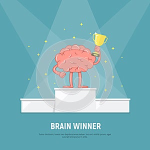 Cartoon brain stands on the winners podium. Brain with winners cup. Concept success.