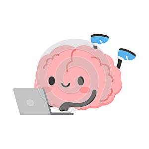 Cartoon Brain Using Laptop Illustration