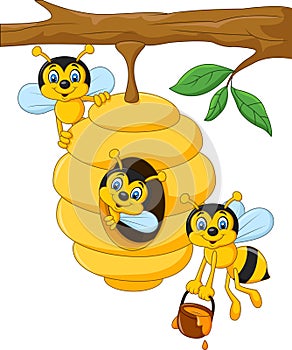 Cartoon branch of a tree with a beehive and a bee