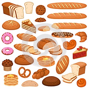 Cartoon bread and cakes. Bakery wheat products, rye breads. Baguette, pretzel and ciabatta, croissant and cupcake