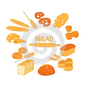 Cartoon bread icons set on a white background. Fresh and testy rye and wheat bread  croissant  pretzel  muffin  bagel  roll  toast