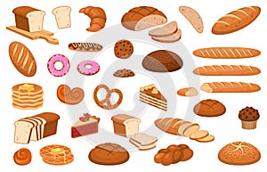 Cartoon bread. Various sweet breads and slices of bake roll, bakery product vector isolated cartoon set