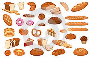 Cartoon bread. Various sweet breads and slices of bake roll, bakery product vector isolated cartoon set photo
