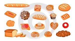 Cartoon bread. Wheat grain baked food, danish, jam puff, loaf, baguette, bread, donut, sesame bun and sweet bread
