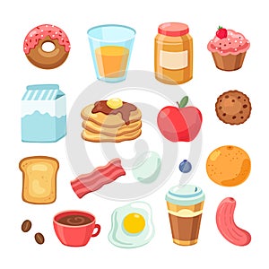 Cartoon breakfast food. Bagel bacon jam egg sandwich healthy fruit and juice. Breakfast meal isolated vector set