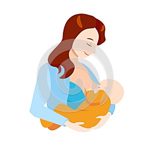 Cartoon Breastfeeding Concept Mother and Newborn Baby. Vector