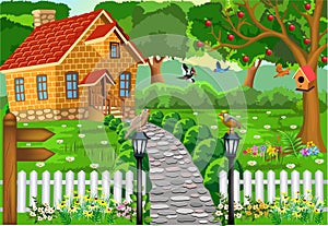 Cartoon brick house in the middle of nature, with stone path, courtyard and fence