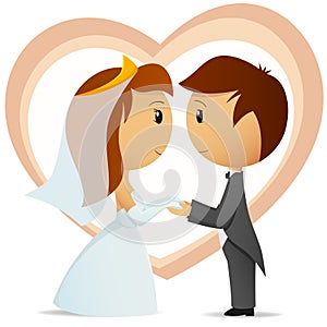Cartoon bride and groom hold hand each other