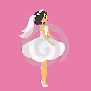 Cartoon bride. Happy female in fashionable short wedding dress. Attractive fiancee women photo