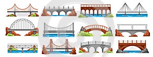 Cartoon bridge architecture. Suspension river crossing bridgework, railway road drawbridge in mountains, urban