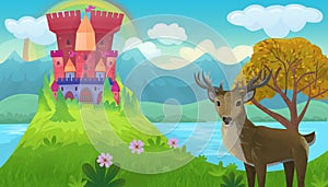 Cartoon bright scene for fairy tales with kindgom castle with deer illustration for children