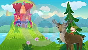 Cartoon bright scene for fairy tales with kindgom castle with deer illustration for children