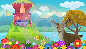 Cartoon bright scene for fairy tales with kindgom castle with deer illustration for children