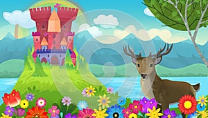 Cartoon bright scene for fairy tales with kindgom castle with deer illustration for children