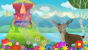 Cartoon bright scene for fairy tales with kindgom castle with deer illustration for children