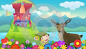 Cartoon bright scene for fairy tales with kindgom castle with deer illustration for children