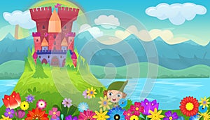 Cartoon bright scene for fairy tales with kindgom castle illustration for children