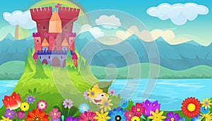 Cartoon bright scene for fairy tales with kindgom castle illustration for children