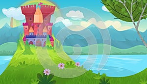 Cartoon bright scene for fairy tales with kindgom castle illustration for children