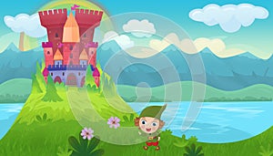 Cartoon bright scene for fairy tales with kindgom castle illustration for children