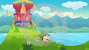 Cartoon bright scene for fairy tales with kindgom castle illustration for children