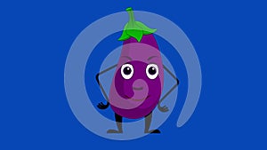 Cartoon brinjal talking loop on the blue screen. Vegetable animation on isolated background.