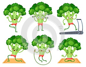 Cartoon broccoli character fitness. Vegetable doing exercises with dumbbells, running on treadmill and jumping