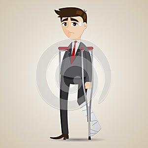 Cartoon broken leg businessman with crutch