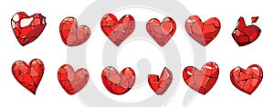 Cartoon broken red hearts. Heart with cracks, valentives day elements. Cracked symbols of love and romantic. Divorce or
