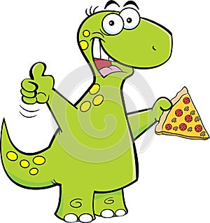 Cartoon brontosaurus holding a slice of pizza.