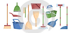 Cartoon brooms scoops, bucket and dust pans set vector graphic illustration. Collection of different colored equipment