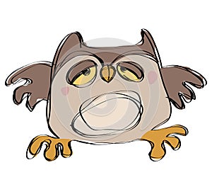 Cartoon brown baby owl in a naif childish drawing style
