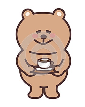 Cartoon brown bear bringing a drink. Vector illustration isolated.