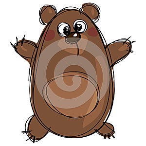 Cartoon brown cute grizzly bear as naive children drawing