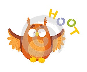 Cartoon brown owl. Hoot inscription. Vector illustration on a white background. photo