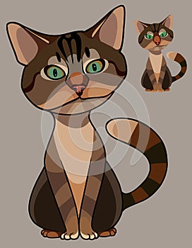 Cartoon brown striped kitty sitting and looking