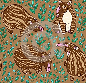 Cartoon tapirs seamless pattern. Brown tapirs with light stripes in the leafs. Vector illustration photo