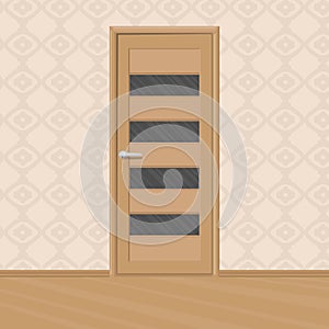 Cartoon brown wooden new door with door`s glass frames in a room. Home interior. Vector illustration.